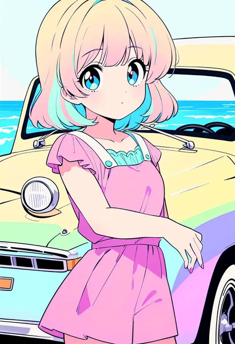 masterpiece, best quality, beautiful detailed eyes, ultra-detailed, finely detail, highres, perfect anatomy, colorful, Pastel Colors, 1girl, solo, simple background, retro style, 1980s city pop, city pop anime, car, retoro style, 1980s fashion, cowboy shot...