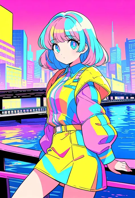 masterpiece, best quality, beautiful detailed eyes, ultra-detailed, finely detail, highres, perfect anatomy, colorful, Pastel Colors, 1girl, solo, (city pop illustration), (city pop arts), simple background, retro style, (vaporwave city pop), (1980s city p...