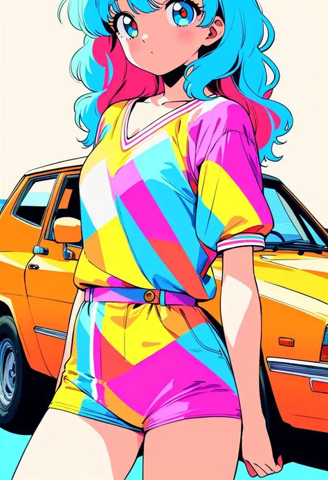 masterpiece, best quality, beautiful detailed eyes, ultra-detailed, finely detail, highres, perfect anatomy, colorful, 1woman, solo, simple background, retro style, 1980s city pop, city pop anime, car, retoro style, 1980s fashion, cowboy shot, Kyoto Animat...