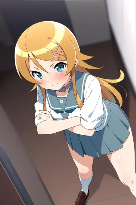 anime girl in school uniform standing in a hallway with her arms crossed