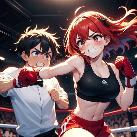 anime girl in a boxing ring with a man in the background