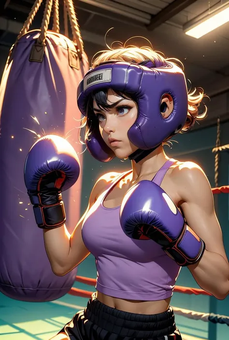 (masterpiece, best quality), 1girl,   Pastel Purple Classic Taper Cut with Side Part, Size H breasts,   <lora:girllikehangingsandbag:0.8> hanging sandbag, outstretched fist, punching, impact, spiral wind on fist, boxer helmet, boxing gloves, tank top, trai...