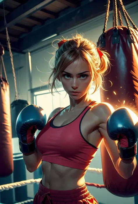 (masterpiece, best quality), 1girl,   Tangerine Low Ponytail with Ribbon Wrap, Sizes I to L breasts,   <lora:girllikehangingsandbag:0.8> hanging sandbag, outstretched fist, punching, impact, spiral wind on fist, boxer helmet, boxing gloves, tank top, train...