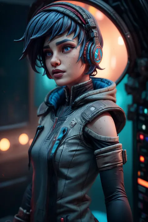 a woman in a futuristic outfit with headphones and a futuristic light