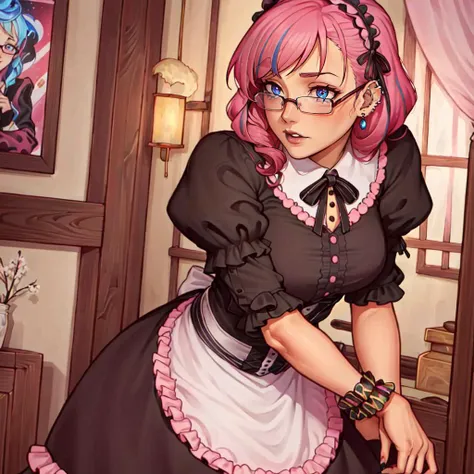 ((best quality)), ((highly detailed)), masterpiece, detailed face, beautiful face, (detailed eyes, deep eyes), (1girl), (glasses), cowboy shot, ((gothic_lolita_fashion)), gyaru, (multicolored hair), ((pink hair)), blue eyes, jewelry, bracelets, piercings, ...