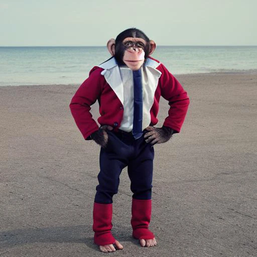 chimp man standing wearing a superhero suit at the beach