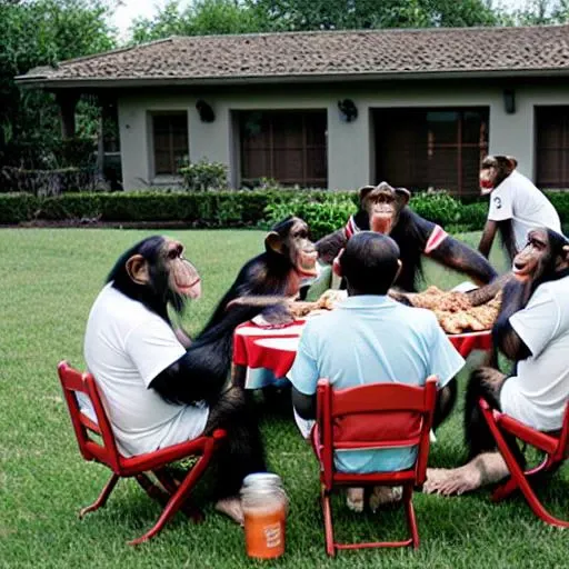 a chimp barbeque party with many men and women about having fun