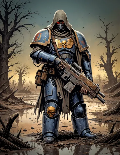 moebius inspired french comics artwork of a man wearing knight armor, holding bolter, full body, wearing hood, standing in a barren wasteland, ground pockmarked with craters, muddy water, trees stripped bare, splintered and uprooted <lora:primaris_marine-k...