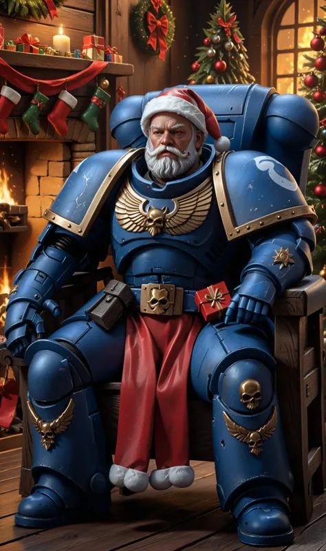 Hyper realistic digital artwork of a hardened man wearing knight armor and (santa hat) sitting on an wooden armchair in a christmas scene with christmas tree and presents , detailed face, detailed knight armor, decoration, Olga Kvasha, Miho Hirano, hyperde...