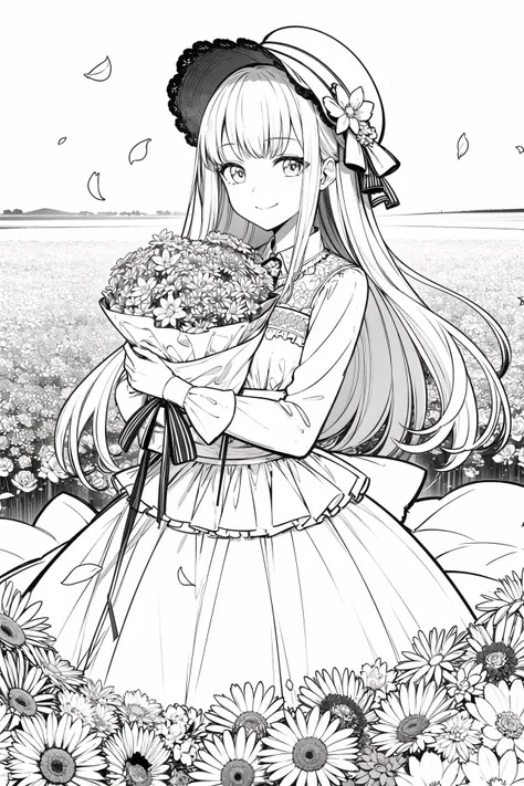 a girl in a dress holding a bunch of flowers in a field