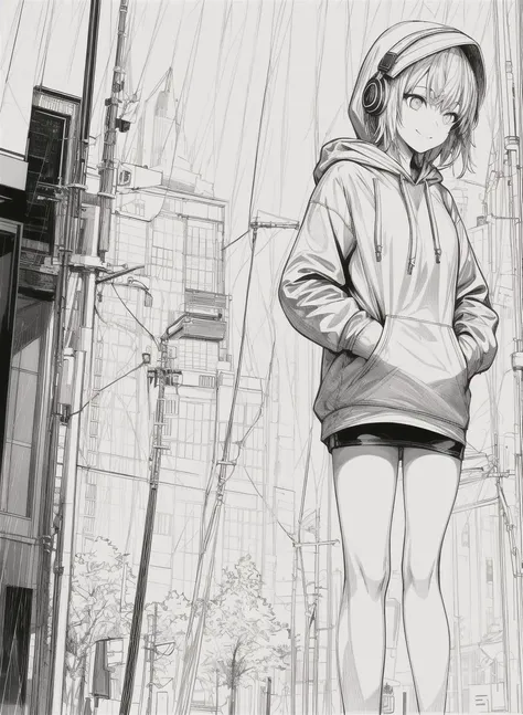 best masterpiece,1girl,solo,incredibly absurdres,hoodie,headphones, street,outdoors,rain,neon lights, light smile, hood up, hands in pockets, looking away, from side, lineart, monochrome,<lora:animeoutlineV4_16:1> <lora:add_detail:1>