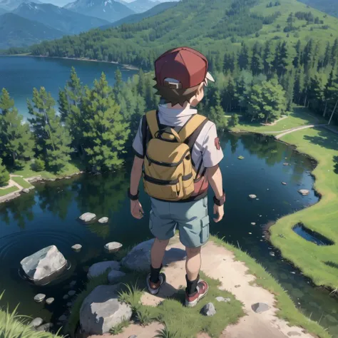 highres, masterpiece, red (pokemon), 1boy, solo, happy, from above, sunlight, lake, crystal clear water, reflection