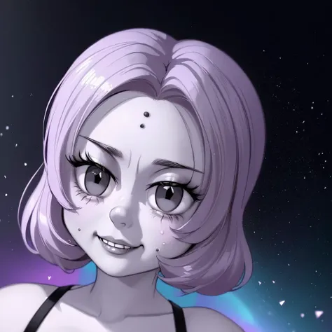 anime girl with purple hair and black bra top in space