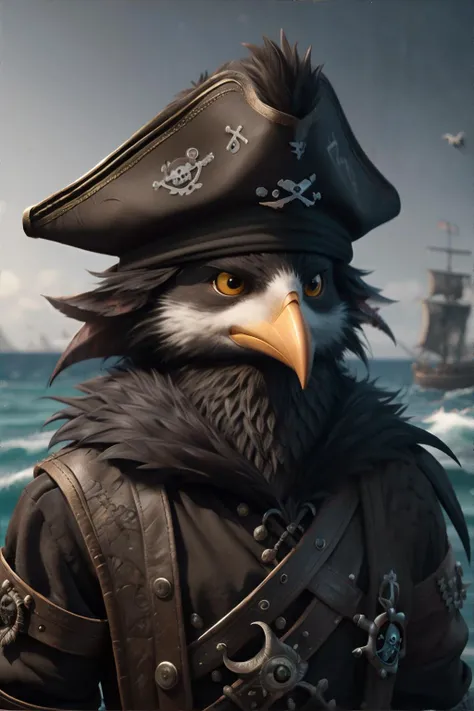 <lora:furpirates:0.5>, fur pirates, cartoon crow wearing pirate hat, no humans, masterpiece, 8k, high resolution, shallow depth of field, sharp focus