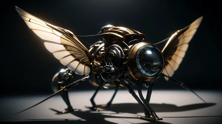 a close up of a metal insect with a camera on its back