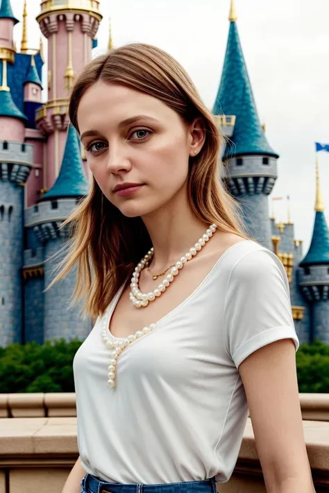 a woman in a white shirt and blue jeans standing in front of a castle