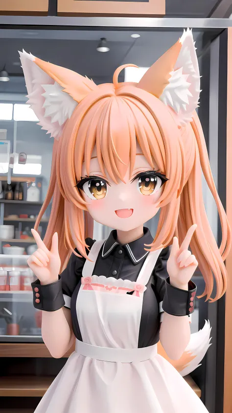 an adorable girl,fox ear,fox tail,kawaii,wear maid uniform,happy,smile,hands up,sharp focus,at cafe