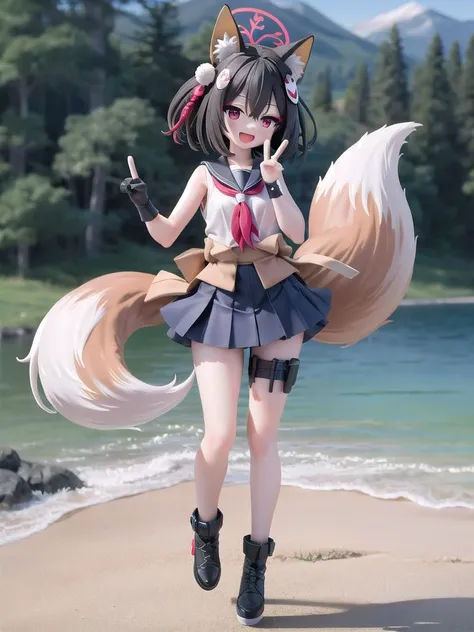 insanely detailed,ultra-highres,ultra-detailed,best quality,masterpiece,high quality,depth of field,smile,open mouth,red eyes,full body shot,peace pose,lake, <lora:izuna1:1>,izuna blue archive,fox tail