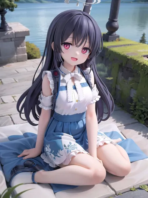 insanely detailed,ultra-highres,ultra-detailed,best quality,masterpiece,high quality,depth of field ,miyu blue archive,<lora:KasumizawaMiyu:1>,smile,open mouth,red eyes,full body shot,sit,lake