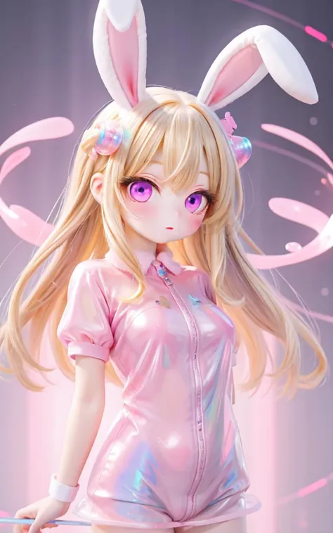 masterpiece, best quality, highres, absurdres, 1girl, blonde hair, pink eyes, rabbit ears, digital, cyber, holographic, iridesce...