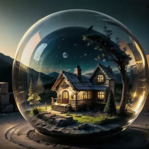 mini house, landscape, old fashion, nature, night light, a bubble, in the bubble, high detailed, masterpiece, best quality, <lora:Bubble_Sora:0.4>, (masterpiece,best quality:1.5)