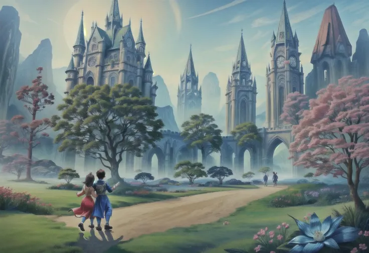 (A child, the prince, dressed in ornate attire frolics gaily with his sister),
(Transport me to a world unlike my own, teeming with flora, fauna, and magical serenity),(Craft a dream-like surreal castle landscape, fusing colors in unique ways to create eye...