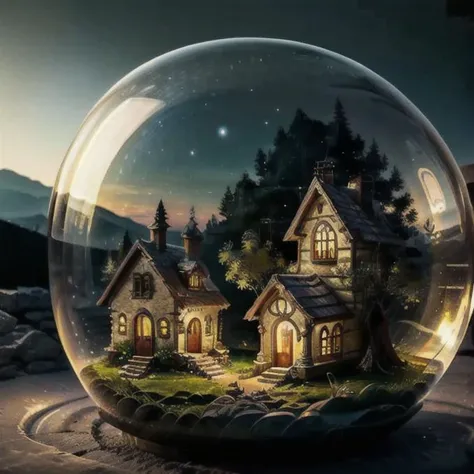 mini house, landscape, old fashion, nature, night light, a bubble, in the bubble, high detailed, masterpiece, best quality, <lora:Bubble_Sora:0.4>, (masterpiece,best quality:1.5)