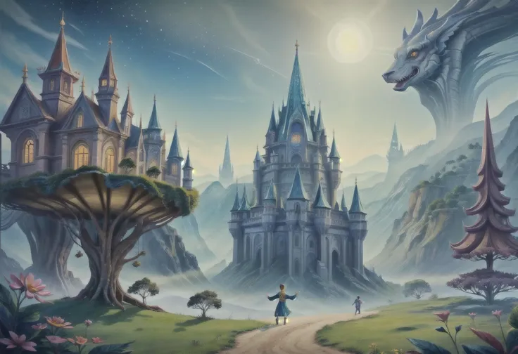 (A child, the prince, dressed in ornate attire frolics gaily with his sister),
(Transport me to a world unlike my own, teeming with flora, fauna, and magical serenity),(Craft a dream-like surreal castle landscape, fusing colors in unique ways to create eye...