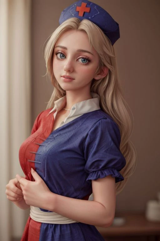 yagokoro eirin,1girl,nurse cap,long hair,braid,blue eyes,white hair,multicolored clothes,multicolored dress,short sleeves
, 
(photorealistic,masterpiece, best quality, ray tracing, volumetric lighting, ssao shadows, detailed, intricate, colorful),((upper b...