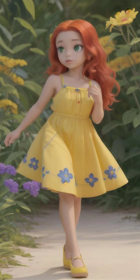 a picture of a young latino girl with light skin, red hair, green eyes, yellow summer dress with blue flowers