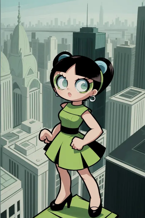 portrait of powerpuff girl Buttercup brunette green dress standing on a building rooftop overlooking the city <lora:powerpuffGirls_v10:0.7>