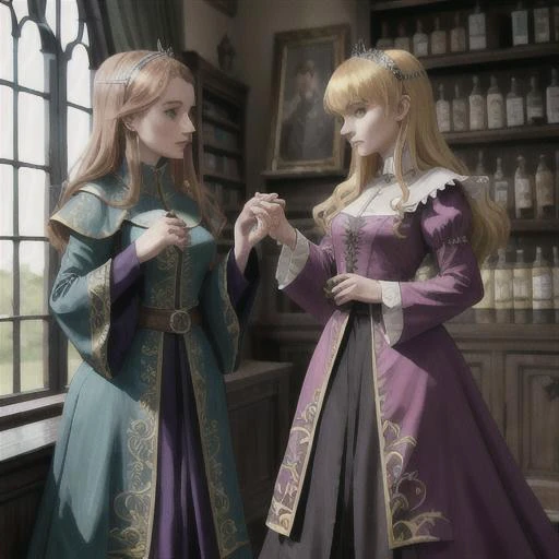 zrpgstyle, medieval portrait, (2girls:1.3), acolyte women, (Style-Interact:1.3), glorious elaborate ornate robes standing in a detailed luxurious stone castle (apothecary:1.2) Game of Thrones Hogwarts bright morning sunlight shining in from window Clutter-...