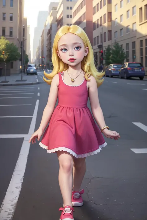 (as-younger) francine, necklace , lipstick, dress, blonde hair,  walking sidewalk (masterpiece:1.2) bright morning light (photor...