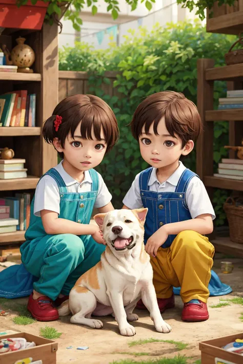 two children and a dog sitting on the ground in front of a bookcase