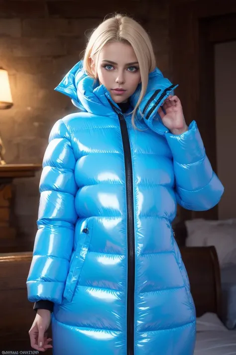 A stunning portrait of a young, blonde, slim, cute, sweet European girl, 20 years old, radiating elegance and beauty. She is dressed in a fashionable, (colorful), (shiny and glossy), (puffer downjacket) with zipper. zipped high over mouth, ((High Yoked)). ...