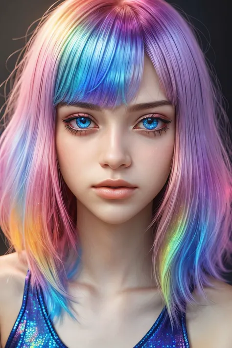 (holographic style, rainbow, shimmer, 3D effect, detailed:1.15), <lora:sd15_ClaireJameson_locon_24_v1:.9> ClaireJameson, focus on eyes, close up on face, wearing jewelry, cornsilk color hair styled as textured bangs hair,