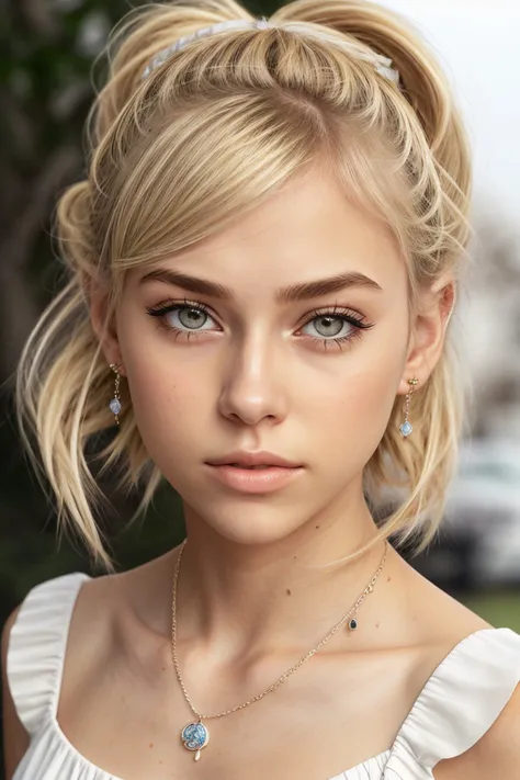 photo of <lora:sd15_ClaireJameson_locon_24_v1:.9> ClaireJameson blonde hair, focus on eyes, close up on face, wearing jewelry, eggshell color hair styled as side ponytail,