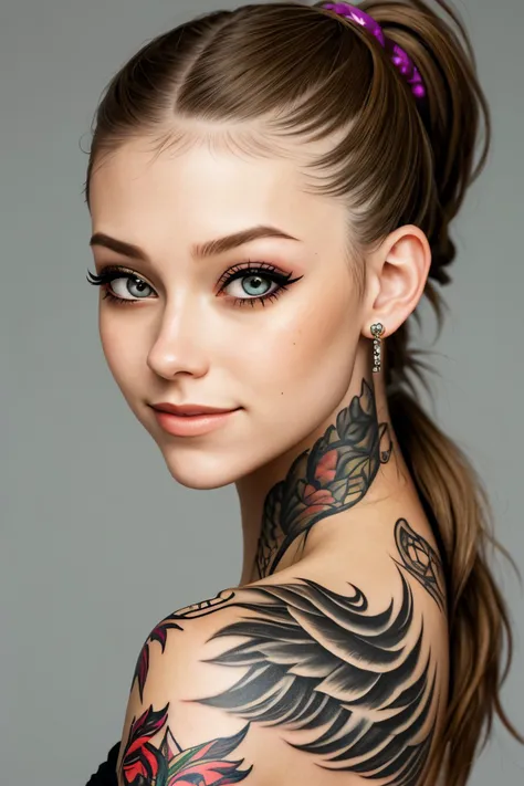 body art, tattoo style, detailed, inked, photo of <lora:sd15_ClaireJameson_locon_24_v1:.9> ClaireJameson , focus on eyes, close up on face, laughing, wearing jewelry, hair styled as side ponytail,