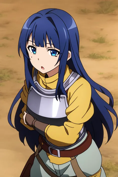 yolko, 1girl, solo, long_hair, looking_at_viewer, open_mouth, blue_eyes, blue_hair, belt, pants, armor, mole, :o, mole_under_eye, own_hands_together, breastplate, hands_on_own_chest