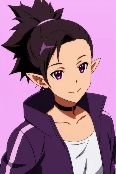 nori, 1girl, solo, smile, short_hair, simple_background, closed_mouth, purple_eyes, collarbone, upper_body, ponytail, purple_hair, choker, pointy_ears, pink_eyes, black_choker, purple_jacket