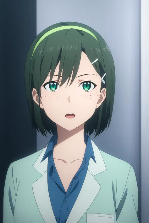 rinko, 1girl, solo, looking_at_viewer, short_hair, open_mouth, bangs, shirt, hair_ornament, green_eyes, collarbone, upper_body, hairband, green_hair, hairclip, collared_shirt, blue_shirt, [[freckles]], labcoat