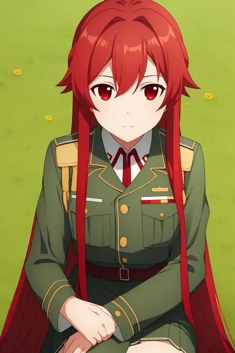 tiese, 1girl, solo, long_hair, looking_at_viewer, skirt, red_eyes, long_sleeves, very_long_hair, school_uniform, upper_body, red_hair, outdoors, uniform, military, military_uniform, grass, sitting, crossed_legs