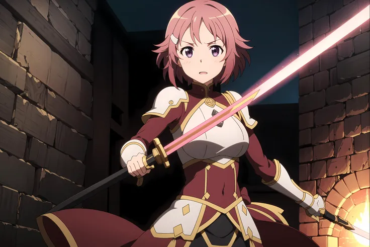 <lora:swordArtOnline_01S1:0.6>, lisbeth, 1girl, holding sword, dungeon, dark, battle armor action, wind, blurry, motion lines, huge weapon, purple lights, glowing weapon,