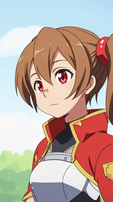 a close up of a woman in a uniform with a ponytail