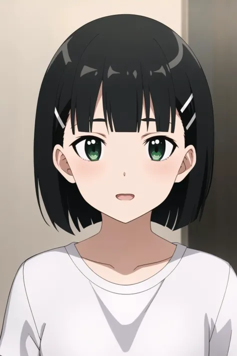 suguha, anime art style, 1girl, solo, looking_at_viewer, short_hair, open_mouth, shirt, black_hair, hair_ornament, green_eyes, white_shirt, upper_body, hairclip, bob_cut