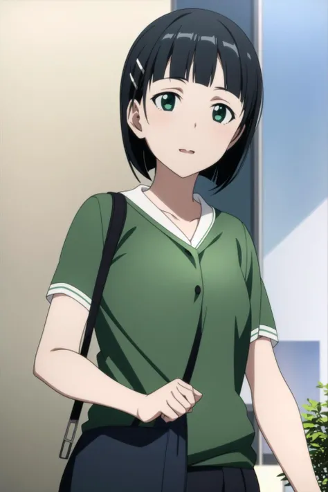 suguha, anime art style, 1girl, solo, looking_at_viewer, short_hair, shirt, black_hair, hair_ornament, green_eyes, white_shirt, upper_body, hairclip, bob_cut