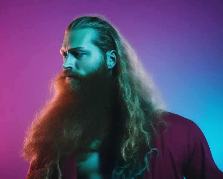 a muscular attractive sks man as viking, bushy beard, long curly hair, bald, cinematic, aesthetic, neundies style, bright vivid ...