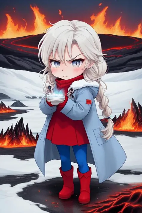 Chibi Anthromorphic  Red and blue Bunny Fire-Elsa in red winter dress  with light-blue over coat that is open, blue tights, red boots, standing near a  Glowing lava flow in Iceland, large flakes of ash and snow, angry, long braided hair