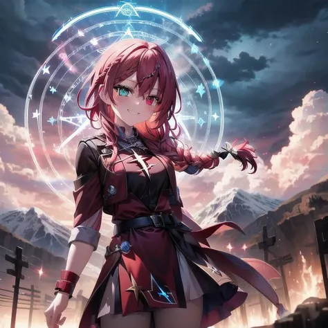 lightning strike, red lightning, 1girl, multicolored hair, evil smirk, lightning, clouds, cloudy, mountain, dark skies, dark, magic, magic circle, heterochromia, (braid:1.2) <lora:magic circle:0.7>, cowboy shot,