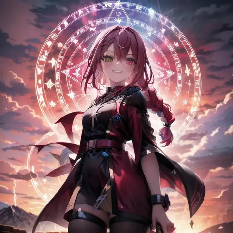 lightning strike, red lightning, 1girl, multicolored hair, evil smirk, lightning, clouds, cloudy, mountain, dark skies, dark, magic, magic circle, heterochromia, (braid:1.2) <lora:magic circle:0.7>, cowboy shot,